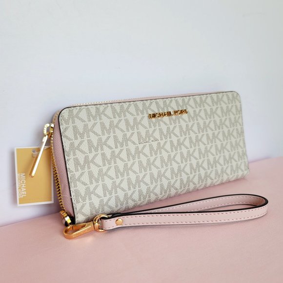 MICHAEL KORS Signature Logo Jet Set Travel Continental Wallet/Wristlet-Pwr Blush - Picture 1 of 16